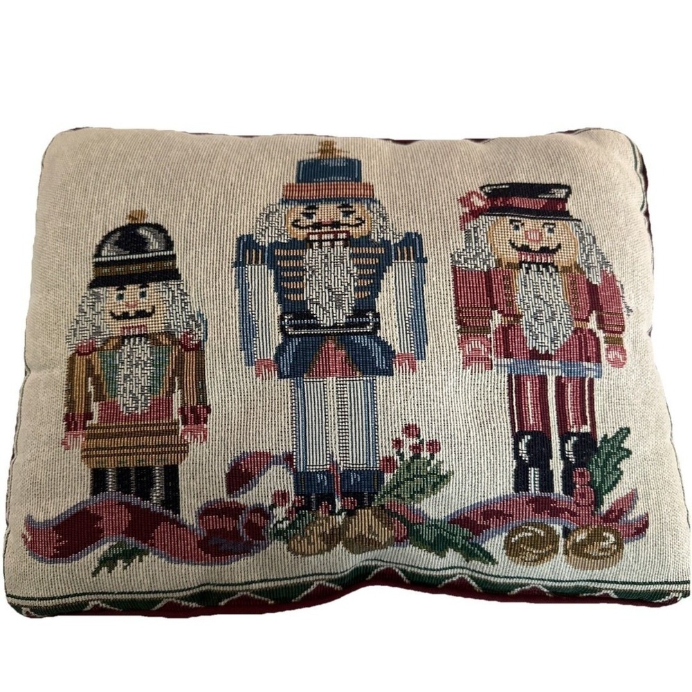 3 Nutcrackers Tapestry Throw Pillow Rectangle Holiday Christmas Red‎ Back 16x13